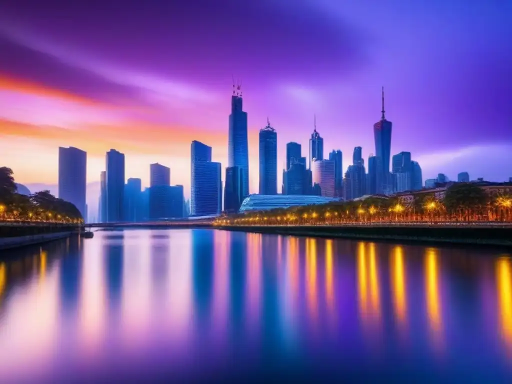 Horizonte urbano moderno al atardecer: inversión estratégica en tiempos de inflación Invertir en bienes raíces inflación: Ciudad moderna al atardecer, rascacielos iluminados reflejados en el río