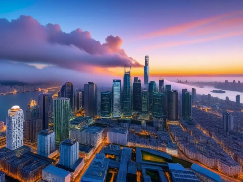 Horizonte urbano al anochecer: luces y prosperidad financiera Invertir en bienes raíces inflación: Deslumbrante ciudad al anochecer, rascacielos modernos iluminados