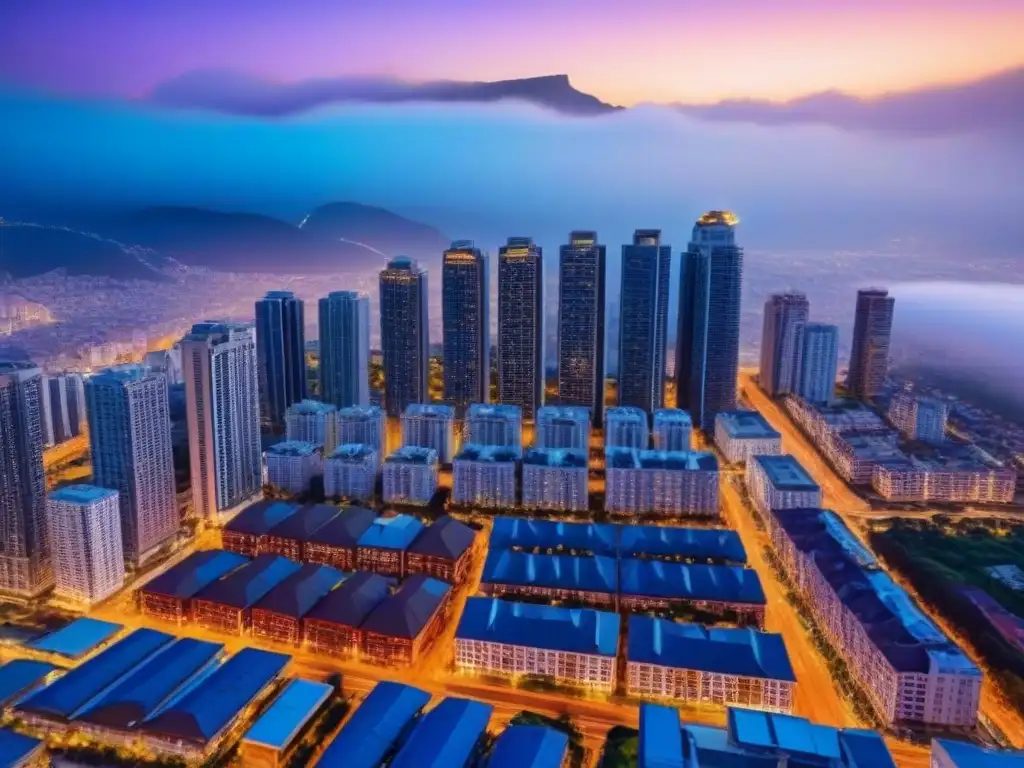 Inversión inmobiliaria internacional: ciudad nocturna y montañas Invertir en bienes raíces internacionales: Ciudad nocturna llena de vida y luces, con rascacielos relucientes y montañas majestuosas al fondo