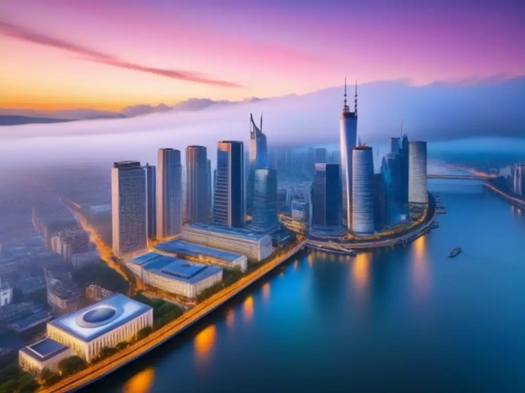 Espectacular skyline urbano iluminado al anochecer sobre río sereno Invertir en bienes raíces internacionales: Ciudad iluminada al anochecer con rascacielos y río sereno reflejando luces coloridas