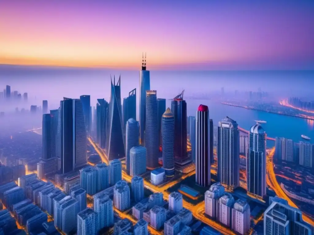 Metrópolis futurista: atardecer entre rascacielos Invierte en bienes raíces internacionales: una ciudad futurista al anochecer, con rascacielos iluminados y arquitectura moderna y tradicional