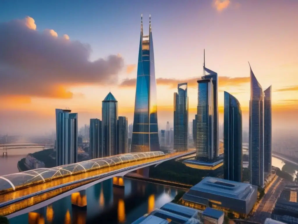 Metrópolis global: inversión inmobiliaria internacional en atardecer dorado Invertir en bienes raíces internacionales: Ciudad futurista con rascacielos modernos en un atardecer dorado vibrante