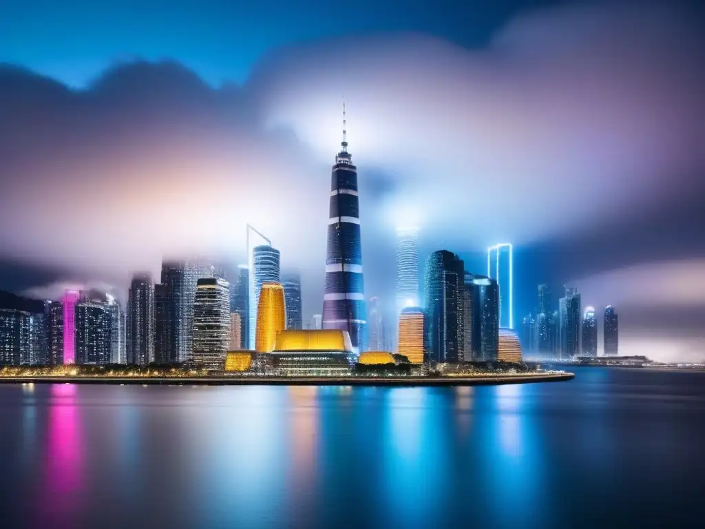 Cityscape nocturno de lujo: rascacielos futuristas iluminados Invierte en bienes raíces internacionales: una ciudad futurista iluminada de noche con rascacielos y luces vibrantes reflejadas en el agua