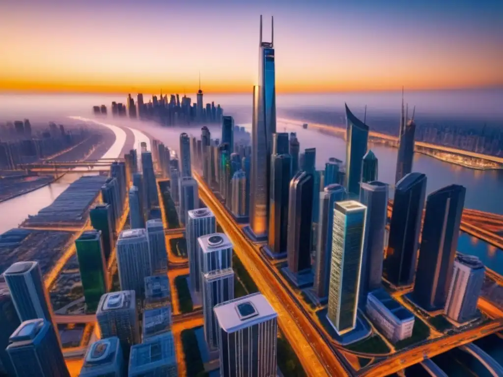 Metrópolis futurista: diseño urbano en 8k Invertir en bienes raíces internacionales: Ciudad futurista con rascacielos modernos entrelazados por puentes, iluminados por el sol poniente