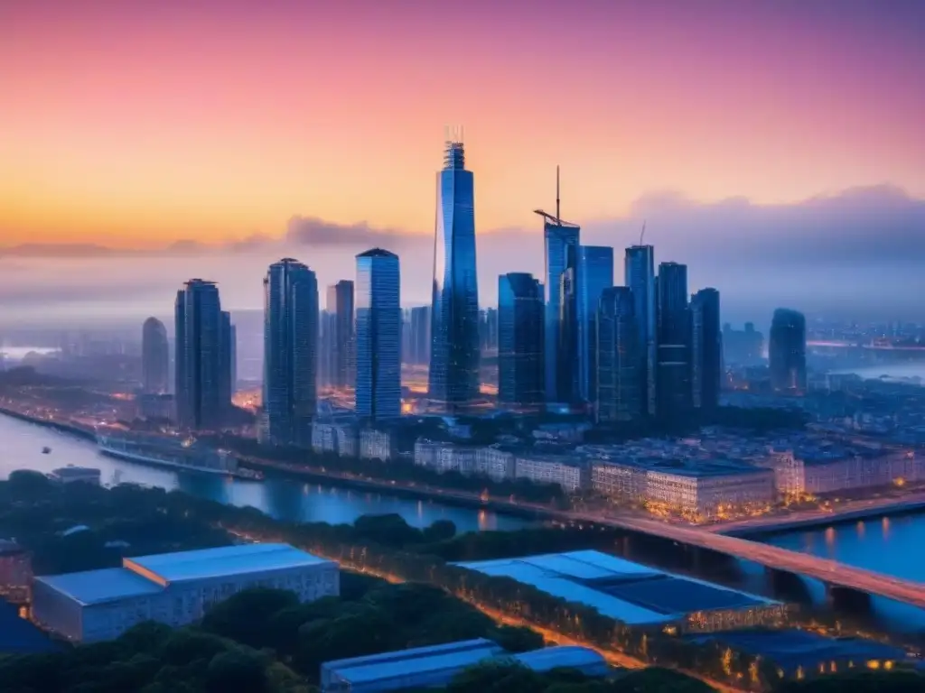 Horizonte urbano al atardecer: modernos rascacielos y luces vibrantes Invertir en bienes raíces internacionales: Ciudad al atardecer con modernos rascacielos y luces urbanas vibrantes