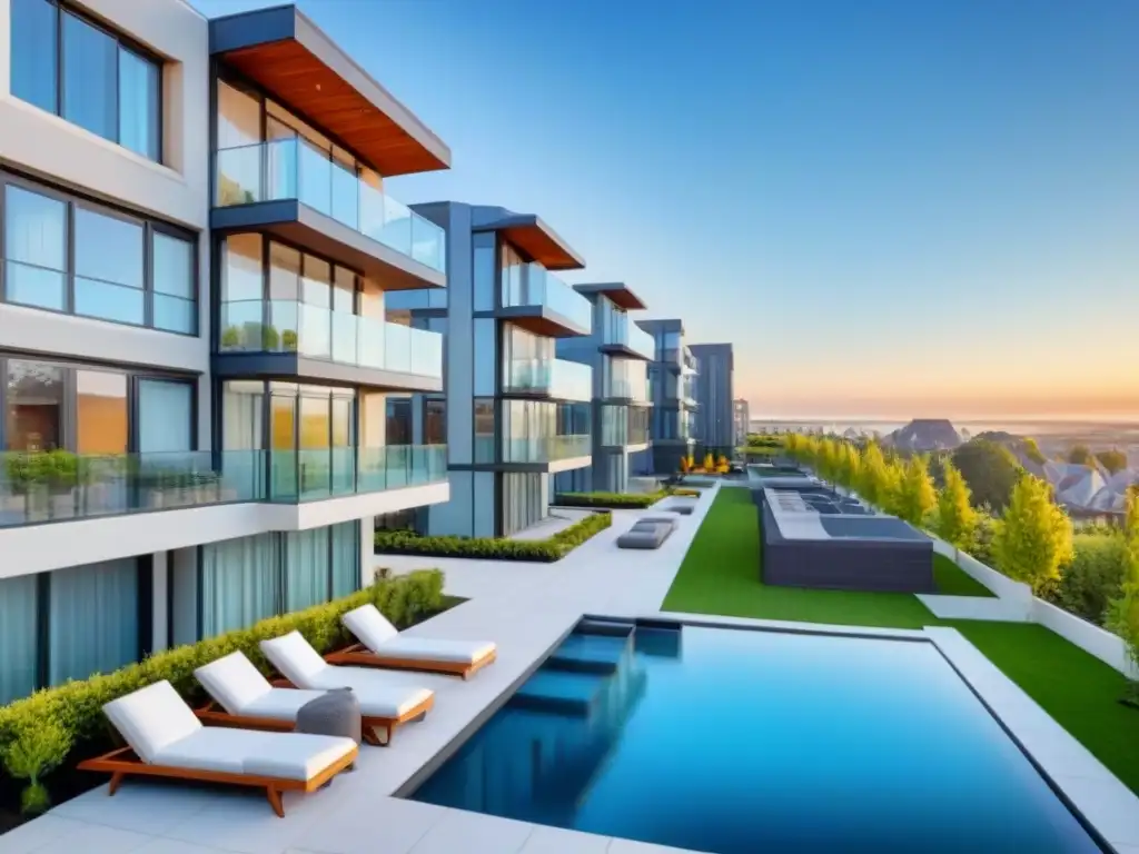 Complejo residencial de lujo: diseño moderno y elegante Invertir en bienes raíces internacionales: Complejo residencial lujoso con diseño moderno, áreas verdes y piscina, bajo cielo azul