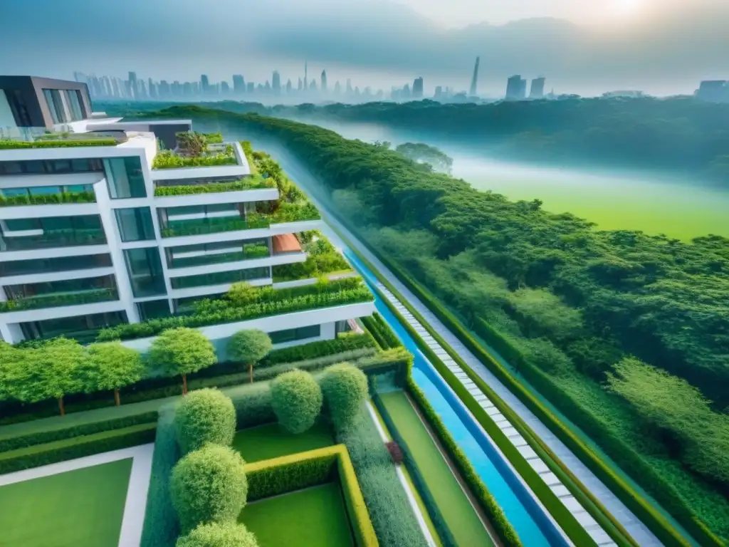 Complejo residencial de lujo: fusión de naturaleza y ciudad Invertir en bienes raíces internacionales: complejo residencial moderno entre vegetación exuberante y skyline urbano