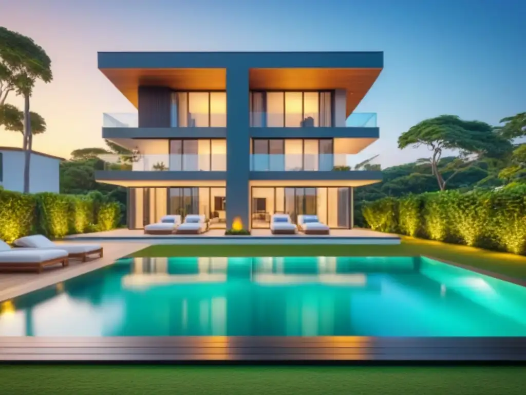 Residencia de lujo con piscina y vistas al atardecer Invertir en bienes raíces internacionales: Edificio moderno de lujo con piscina y vegetación, bañado por la cálida luz del atardecer