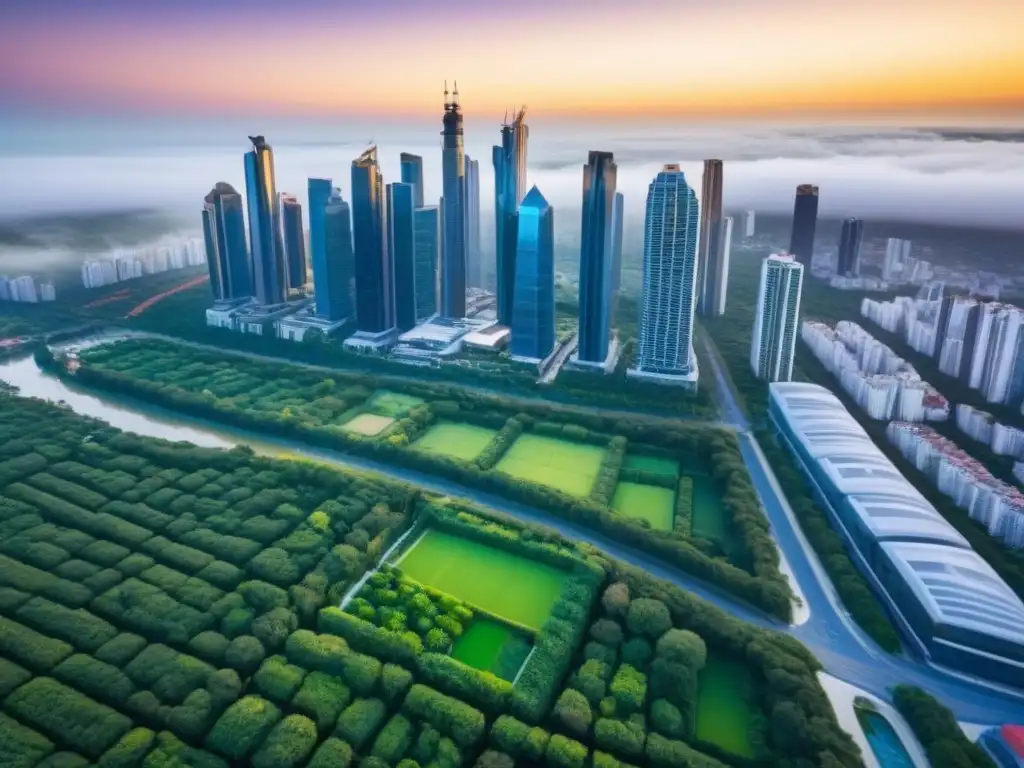 Oportunidades de inversión inmobiliaria global en metrópolis vibrante Invertir en bienes raíces internacionales: Impresionante vista aérea de una ciudad moderna rodeada de vegetación exuberante