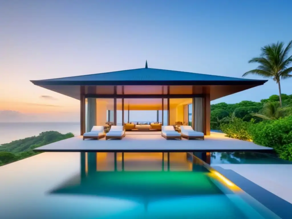 Villa de lujo frente al mar con diseño moderno y piscina infinita Invertir en bienes raíces internacionales: lujosa villa frente al mar con diseño moderno, piscina infinita y entorno exuberante al atardecer