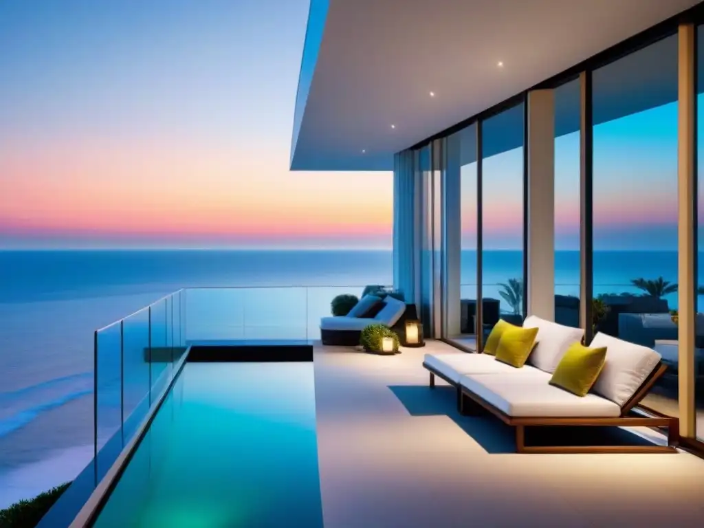 Condominio de lujo frente al mar al atardecer Invertir en bienes raíces internacionales: lujoso complejo de condominios modernos frente al mar al atardecer