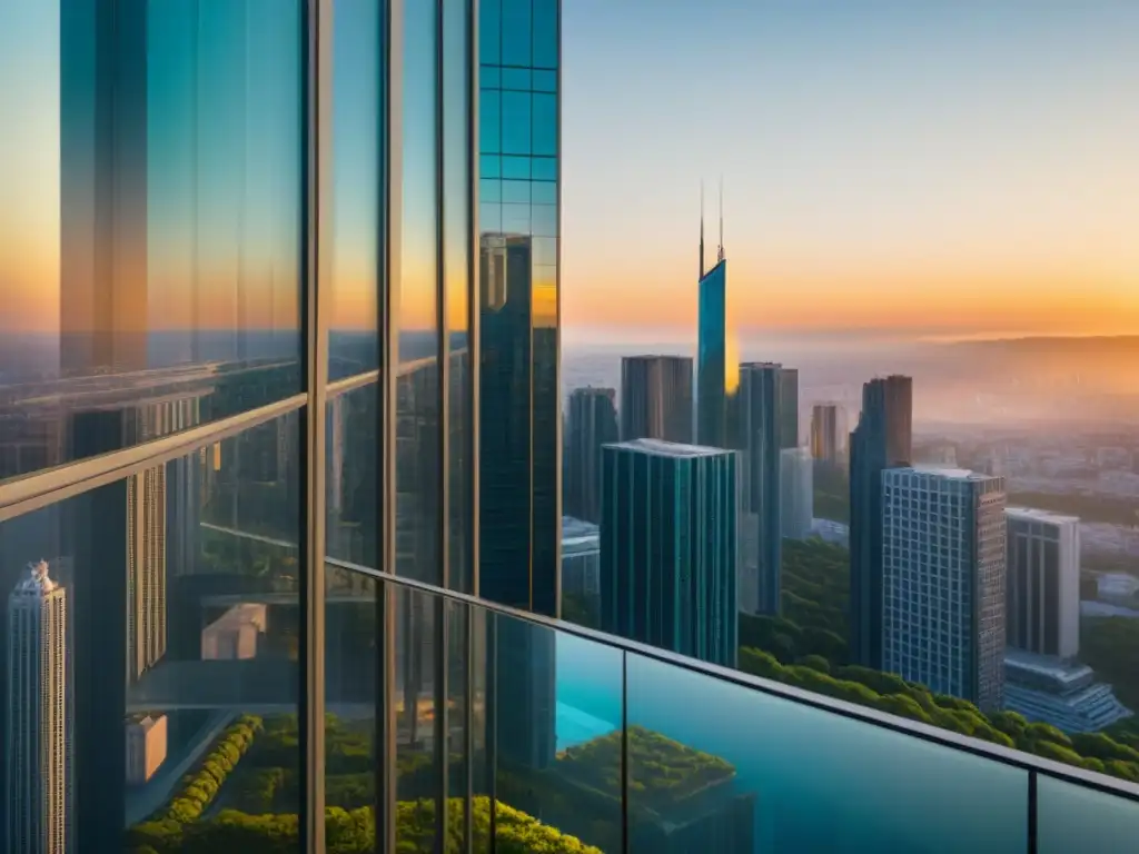 Rascacielos de cristal al atardecer: lujo y prosperidad Invertir en bienes raíces internacionales: Majestuoso rascacielos de cristal en entorno urbano y natural al atardecer