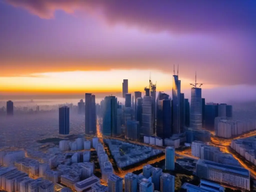 Espectacular ciudad moderna en atardecer dorado Invierte en bienes raíces internacionales: metrópolis moderna con rascacielos reflejando el atardecer vibrante