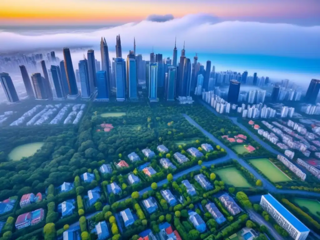 Inversiones inmobiliarias globales: paisajes urbanos vibrantes y estabilidad bajo el cielo azul Invertir en bienes raíces internacionales: un paisaje urbano diverso y moderno se mezcla con arquitectura tradicional bajo un cielo azul claro