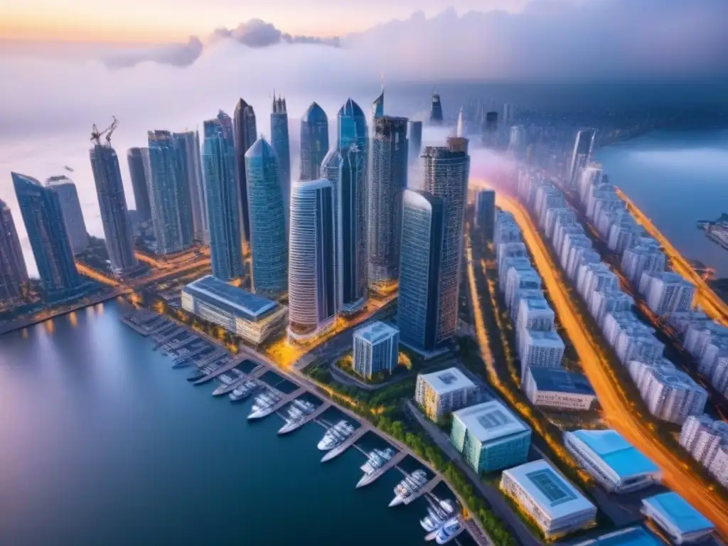 Inversión inmobiliaria de lujo en ciudad internacional Invertir en bienes raíces internacionales: Vista aérea de una ciudad moderna con rascacielos y propiedades de lujo