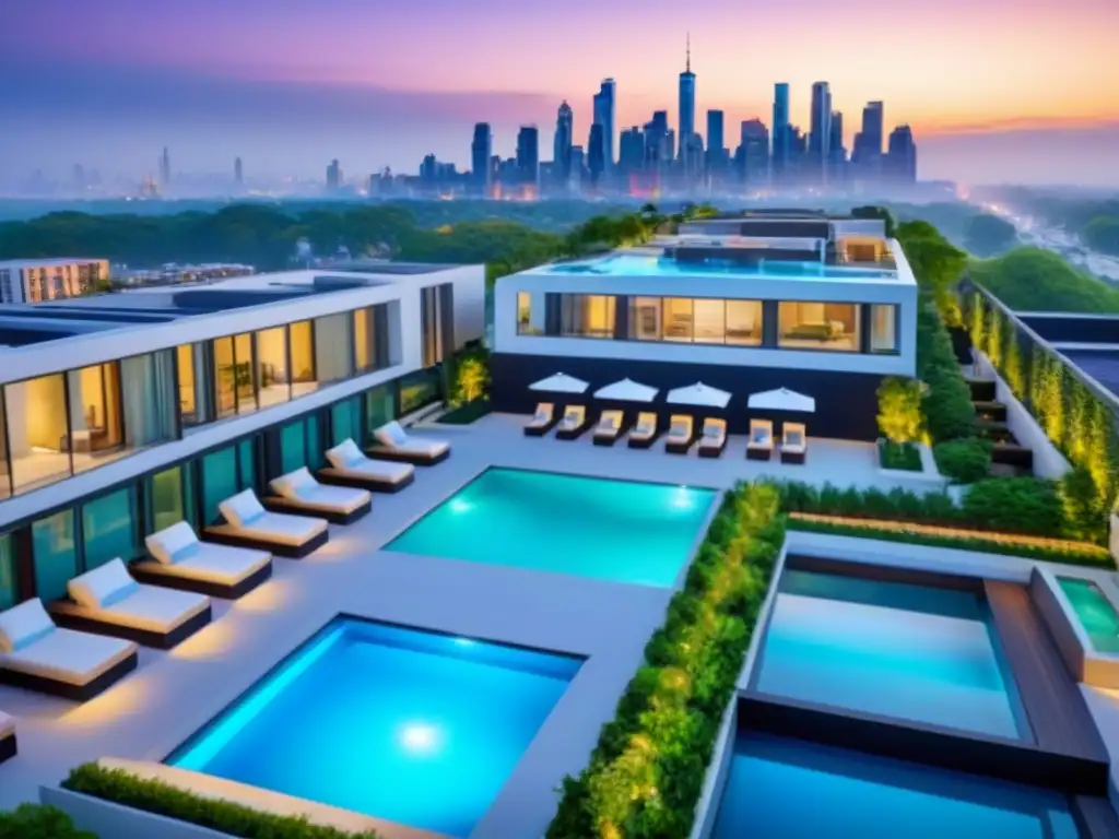 Propiedad multifamiliar de lujo con diseño moderno en la ciudad Invertir en bienes raíces internacionales: Vista aérea de lujoso complejo residencial con diseño moderno y exuberante paisajismo urbano