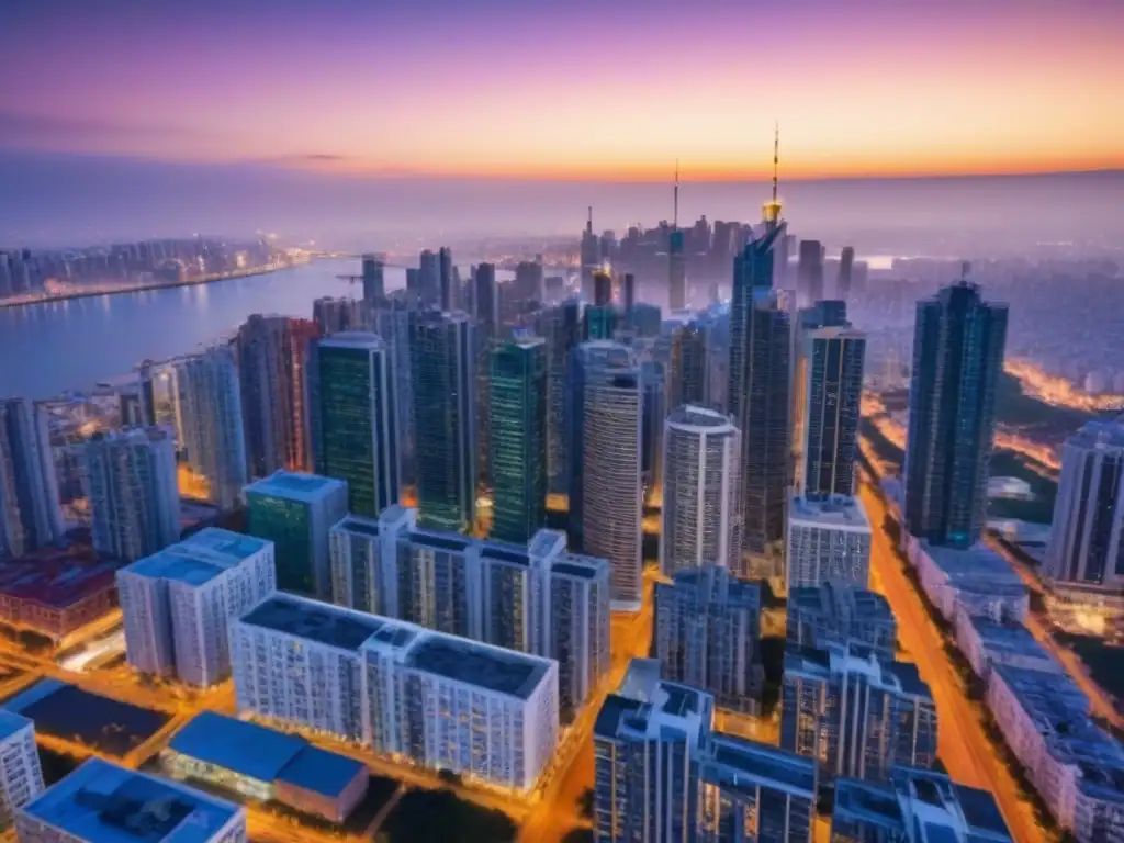 Inversiones inmobiliarias: Skyline urbano al anochecer Invertir en bienes raíces internacionales: Vista aérea de una ciudad moderna al atardecer con edificios de lujo y luces vibrantes en las calles