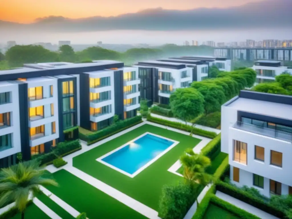 Apartamentos de lujo en ciudad internacional: diseño arquitectónico y comodidades Invertir en bienes raíces internacionales: Vista aérea de complejo de apartamentos modernos en ciudad internacional