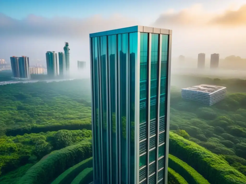 Inversiones inmobiliarias internacionales: rascacielos moderno en entorno verde Invertir en bienes raíces internacionales: Vista aérea de rascacielos moderno rodeado de vegetación exuberante
