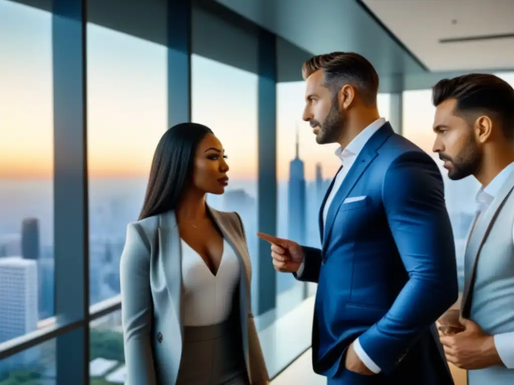 Agentes inmobiliarios diversidad cultural discuten proyecto moderno Invertir en bienes raíces Norteamérica: Agentes inmobiliarios diversos discuten plano de casa moderna en oficina elegante con vista a la ciudad