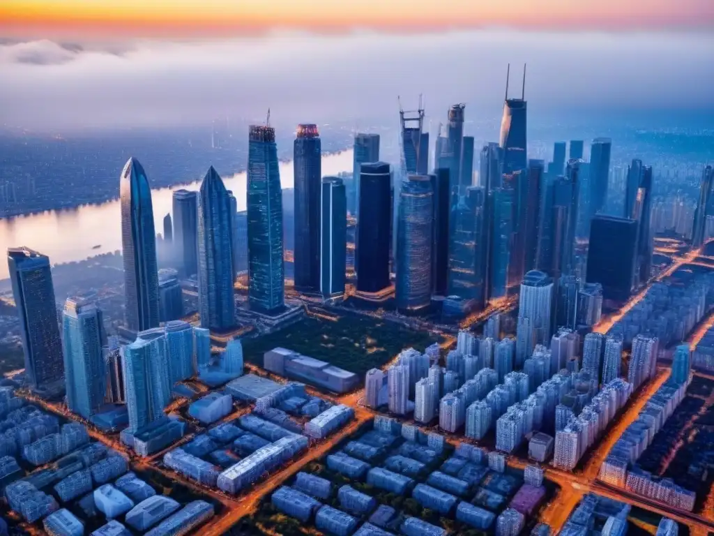 Horizonte urbano en crecimiento al atardecer: oportunidades inmobiliarias Invertir en bienes raíces durante tiempos de inflación: ciudad con rascacielos modernos al atardecer