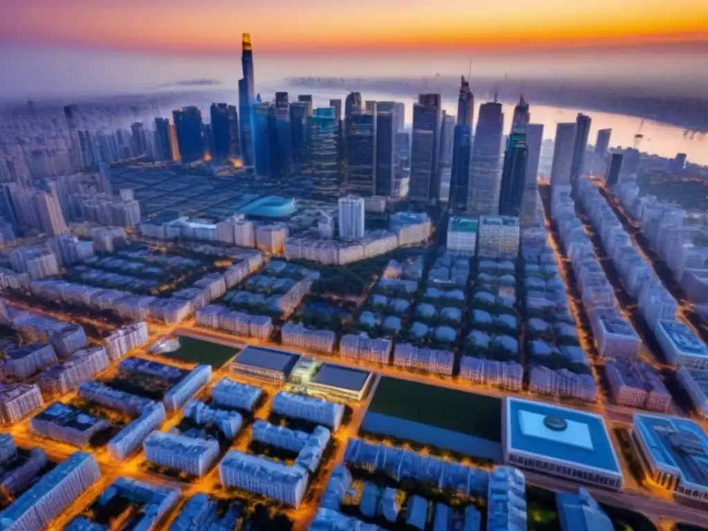 Horizonte urbano al atardecer: resiliencia y oportunidad inmobiliaria Invertir en bienes raíces en tiempos de crisis: atardecer dorado sobre la ciudad, símbolo de oportunidad