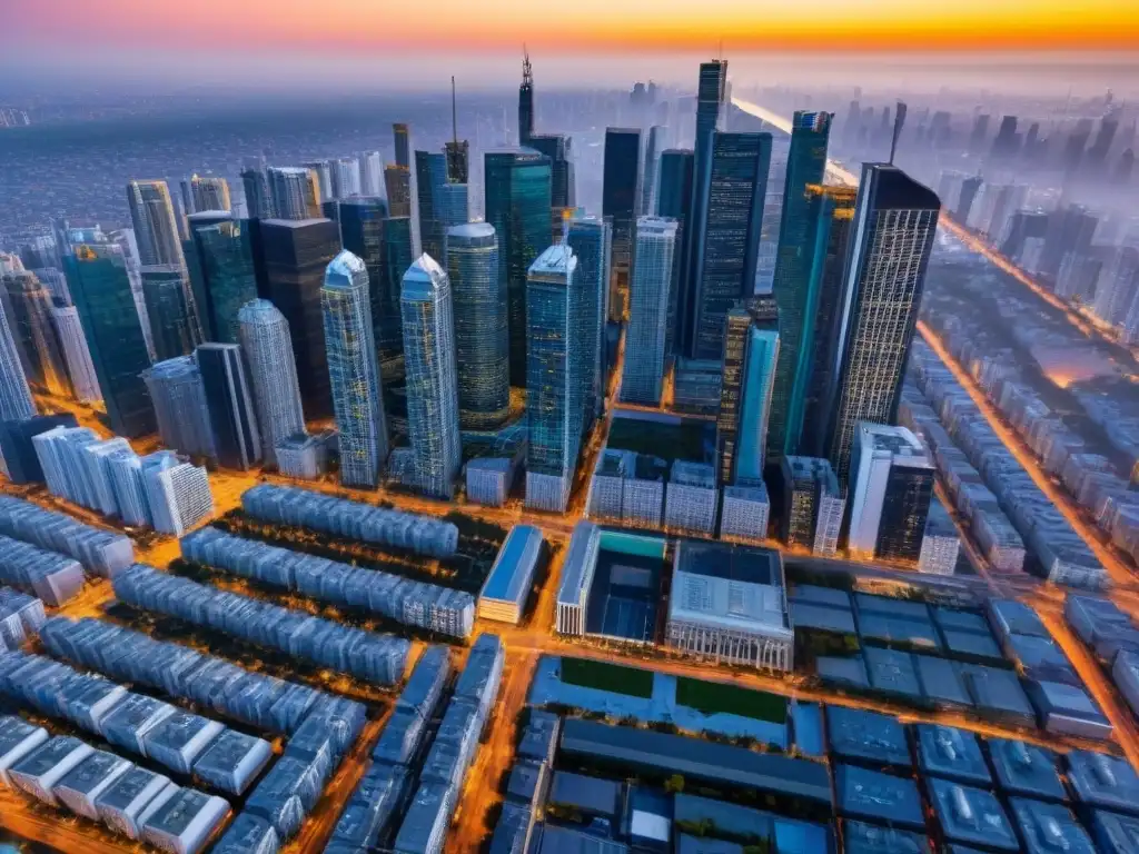 Metrópolis moderna: paisaje urbano con rascacielos y energía vibrante Invierte en bienes raíces durante la recesión: ciudad vibrante de rascacielos modernos y edificios altos residenciales y comerciales