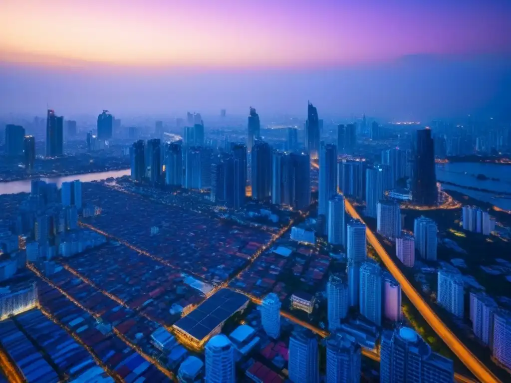 Espléndido atardecer en Bangkok: luces vibrantes y río Chao Phraya Invertir en bienes raíces en Tailandia: Vista aérea de Bangkok al anochecer, con sus rascacielos iluminados y el río Chao Phraya brillando