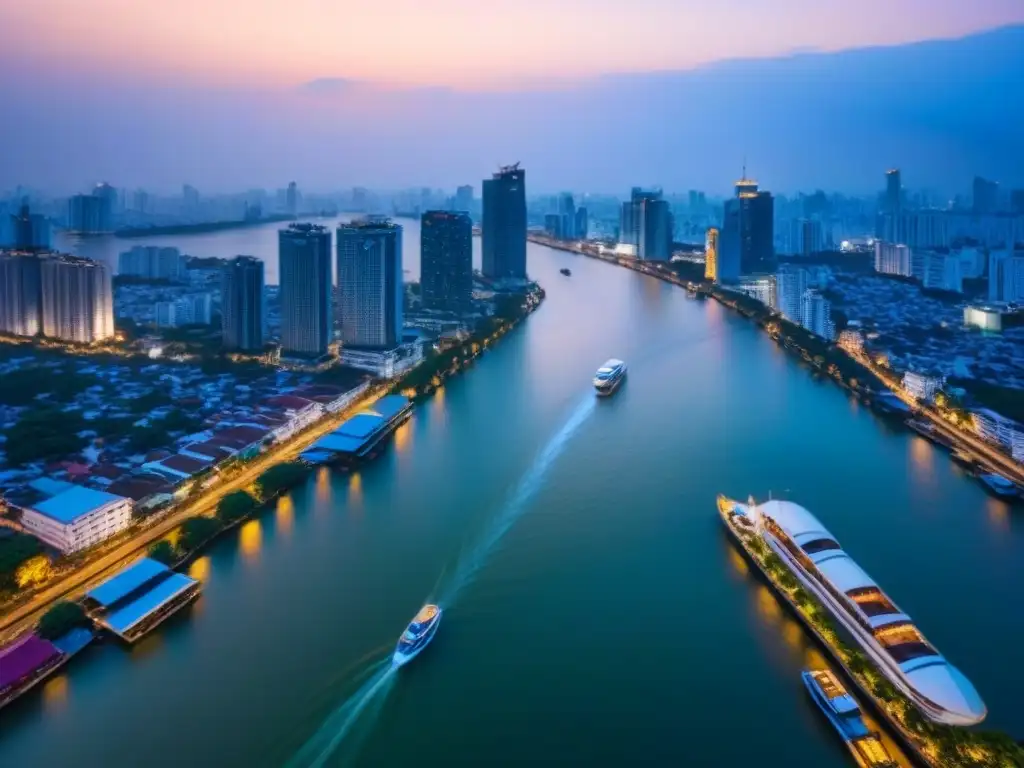 Espectacular vista aérea del skyline de Bangkok de noche Invierte en bienes raíces en Tailandia: vista aérea nocturna de Bangkok con rascacielos, calles y barcos en el río Chao Phraya