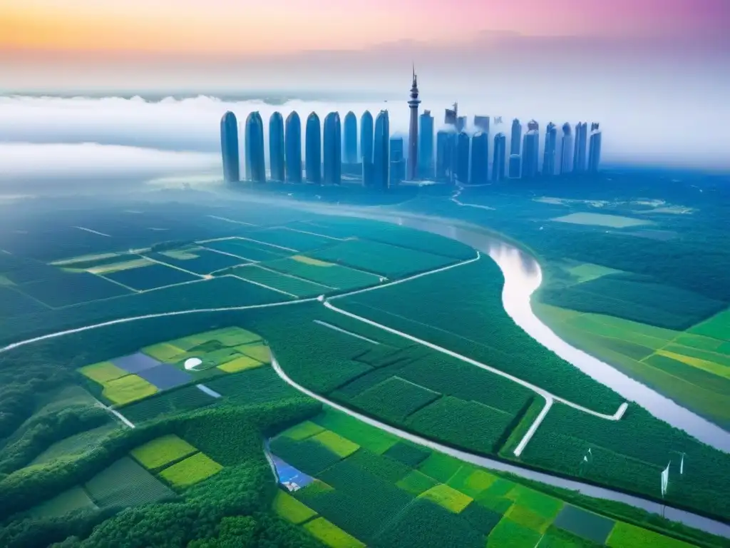 Bioarquitectura urbana: ciudad futurista ecoamigable Bioarquitectura futurista: edificios ecofriendly rodeados de naturaleza, energías renovables y diseño sostenible