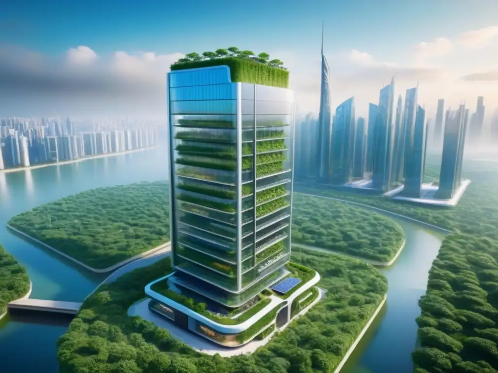 Rascacielos ecológico futurista en ciudad internacional Bioarquitectura en mercado inmobiliario internacional: Futurista rascacielos ecológico con vegetación, paneles solares y sistema de reciclaje de agua