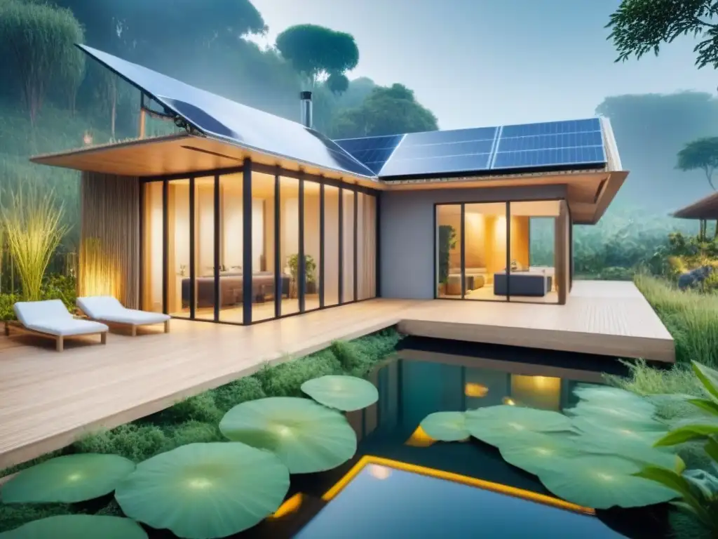 Casa ecológica futurista: bioarquitectura en armonía con la naturaleza Bioarquitectura: casa sostenible futurista con materiales ecofriendly y jardín exuberante