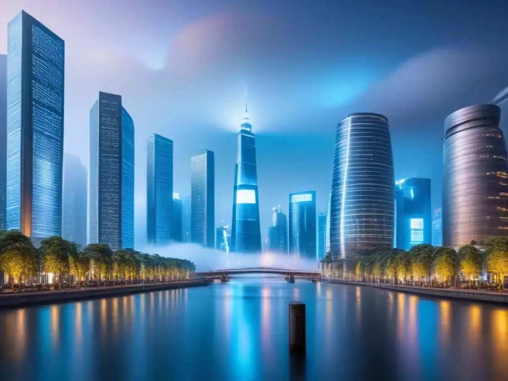 Innovación blockchain en crowdfund inmobiliario: ciudad futurista 8k Blockchain en crowdfunding inmobiliario: Ciudad futurista con rascacielos transparentes y tecnología avanzada