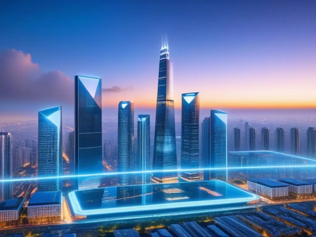 Blockchain inmobiliario: ciudad futurista al anochecer Blockchain en mercado inmobiliario internacional: Ciudad futurista con rascacielos y pantallas digitales de transacciones inmobiliarias en tiempo real