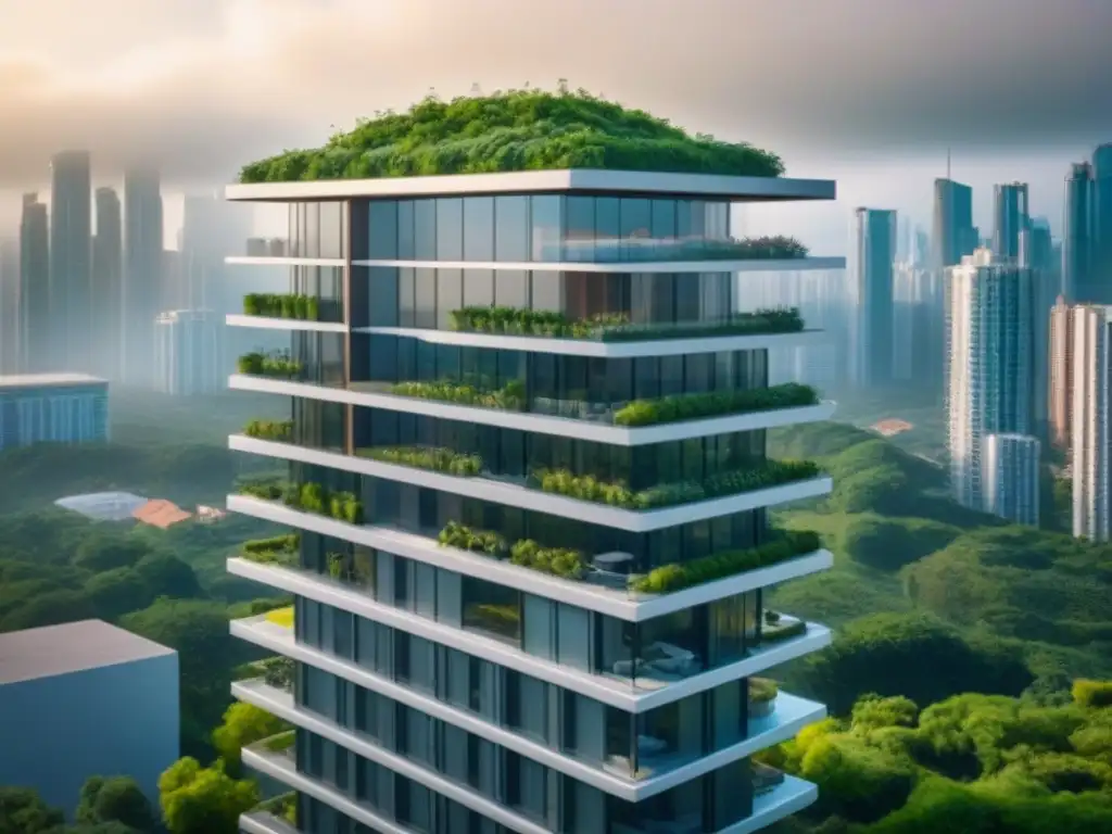 Edificio de lujo con tecnología blockchain Blockchain en mercado inmobiliario lujo: Edificio de lujo con arquitectura moderna rodeado de vegetación y tecnología innovadora en vibrante ciudad