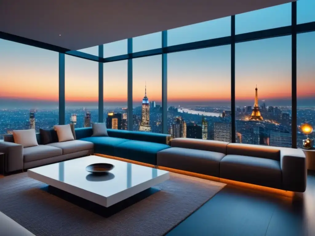 Penthouse de lujo con tecnología blockchain y vistas impresionantes Blockchain en mercado inmobiliario de lujo: Penthouse moderno con vistas a la ciudad y elegante decoración contemporánea