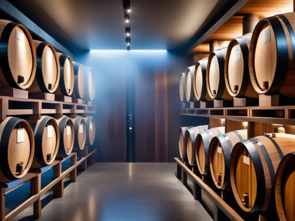 Vinoteca futurista: barricas tradicionales con tecnología de vanguardia Bodega futurista con barricas de vino y tecnología avanzada, representando la inversión tecnológica en bodegas internacionales