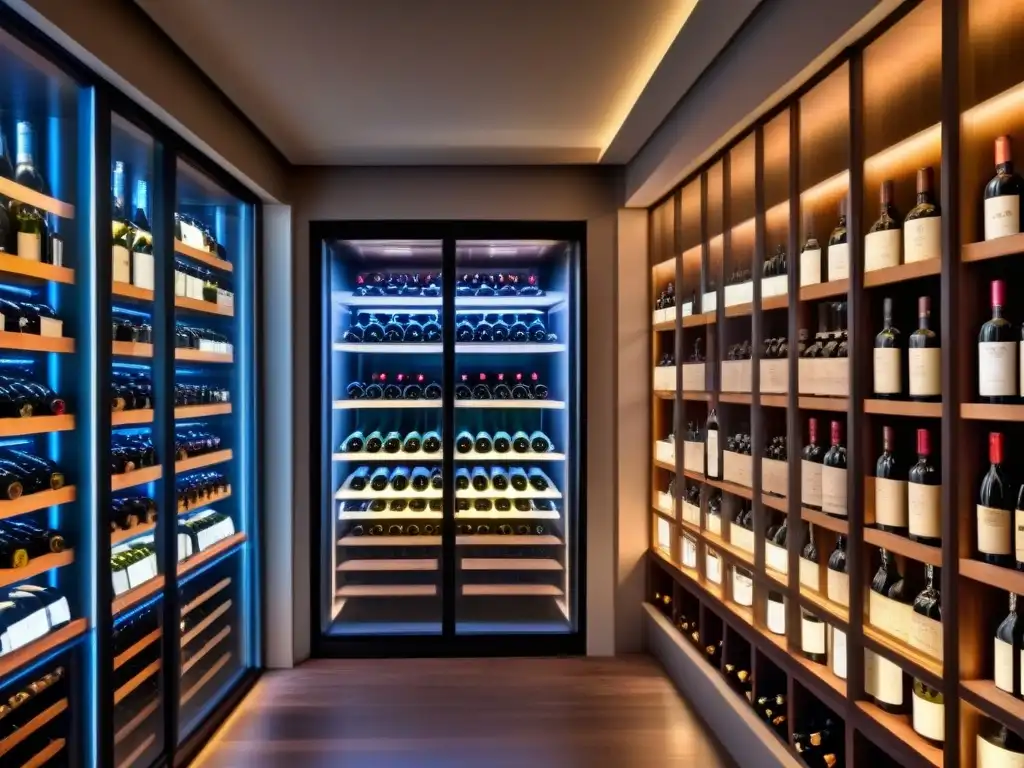 Vinoteca futurista: colección de vinos raros en vitrinas de cristal Una bodega futurista con colección de vinos raros y valiosos, iluminada con elegancia