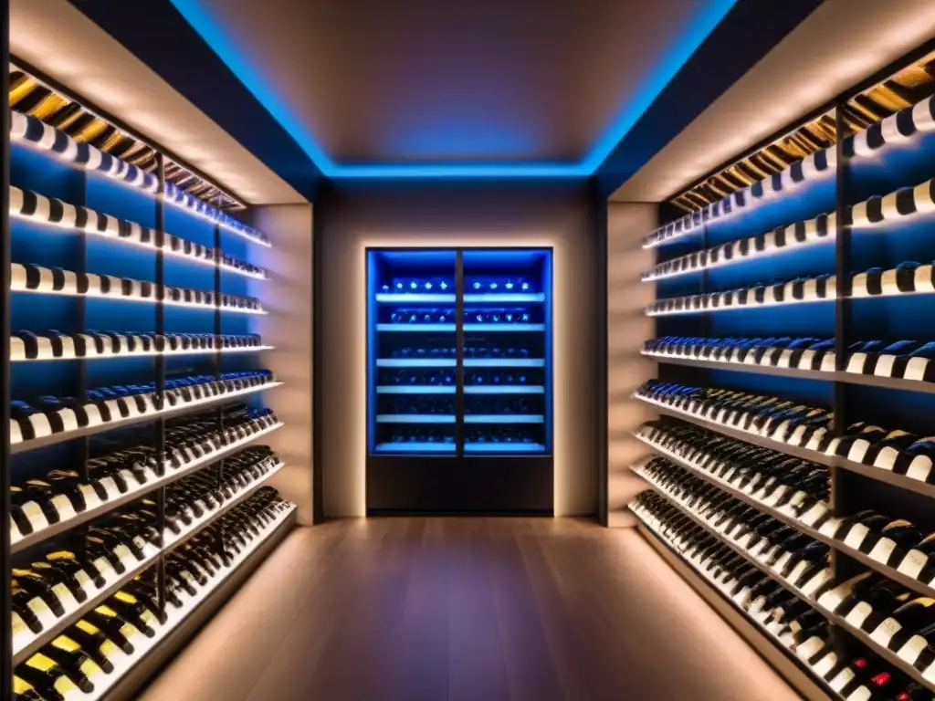 Cava de vinos de lujo: diseño futurista y sofisticado Una bodega futurista con vinos premium y diseño moderno