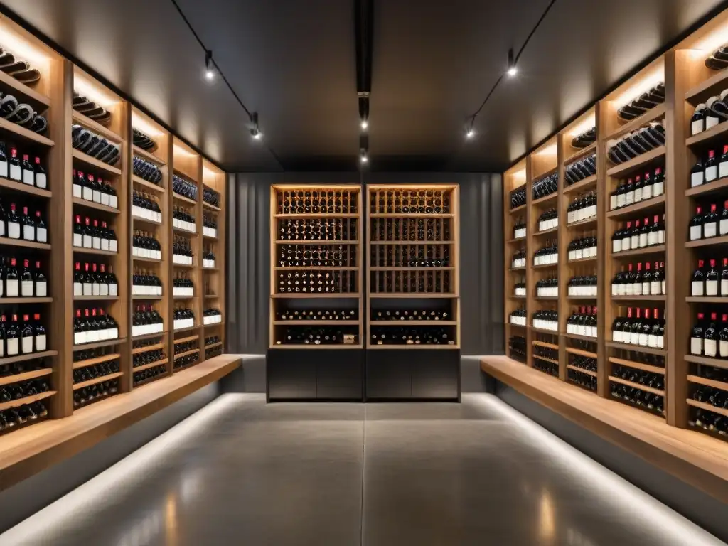 Vinoteca de lujo: bodegas de roble premium en diseño industrial elegante Una bodega moderna y elegante con barricas de roble premium, iluminación suave y diseño sofisticado