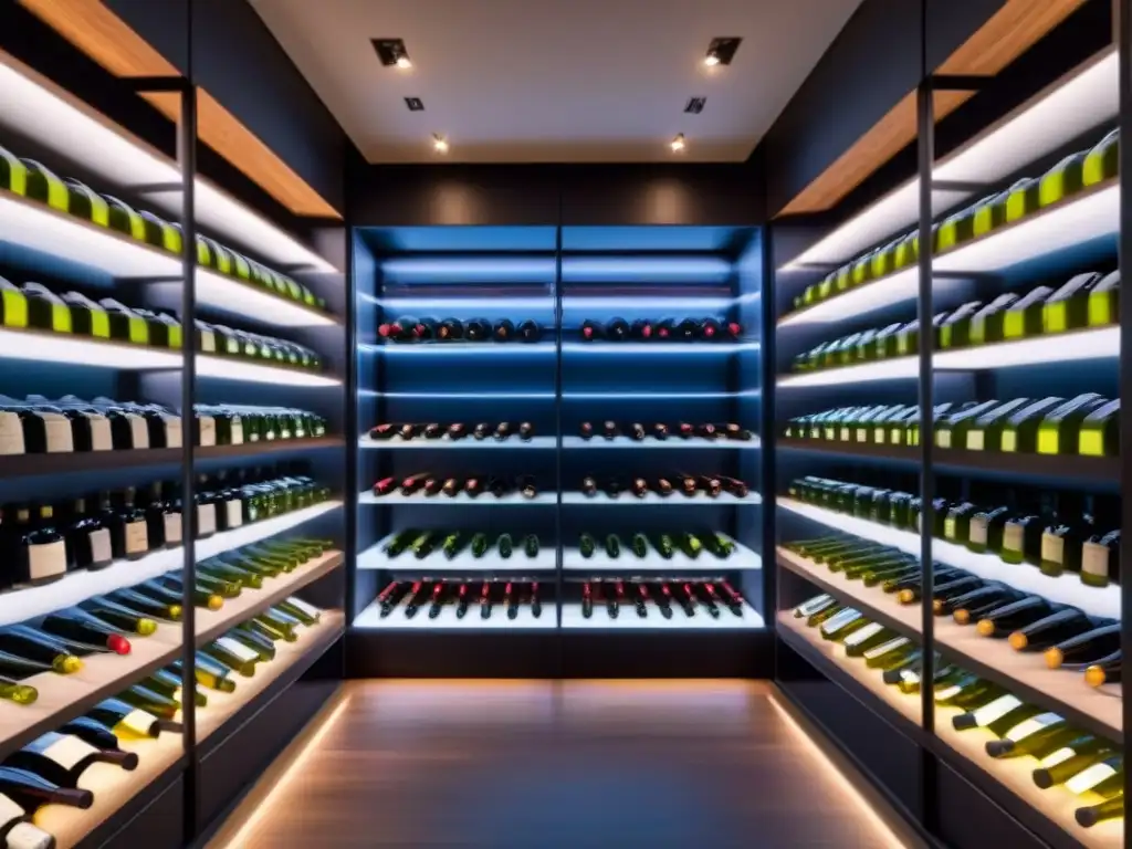 Vinoteca de lujo en viñedo: diseño contemporáneo y elegancia Una bodega moderna y elegante en una viña, con botellas de vino premium organizadas en estantes de vidrio iluminados