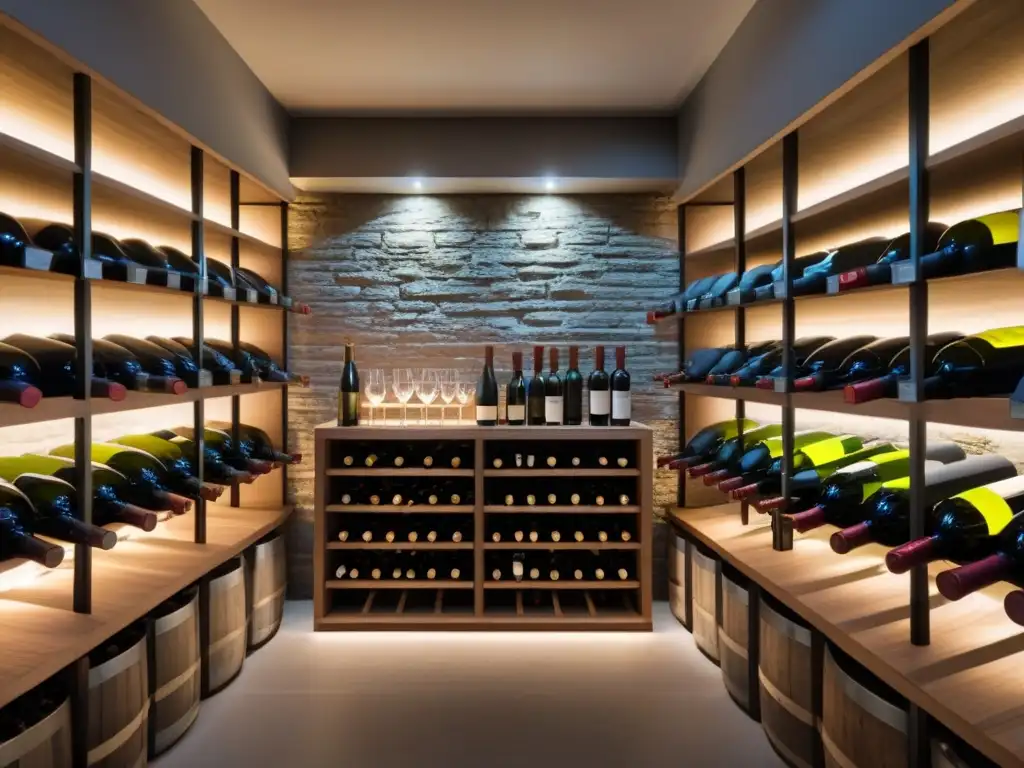 Vinoteca moderna: lujo y elegancia en bodega de vinos Bodega moderna y elegante con vinos organizados en estanterías metálicas