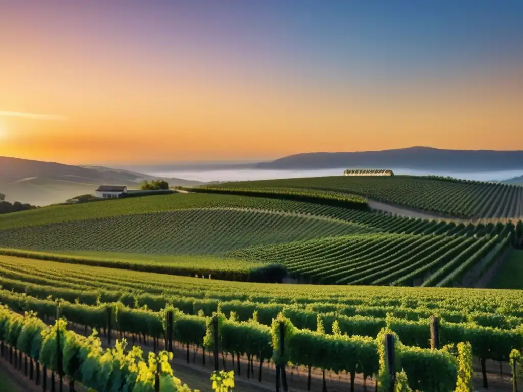 Vista panorámica de bodega moderna al atardecer Una bodega moderna con sala de degustación y viñedos al atardecer