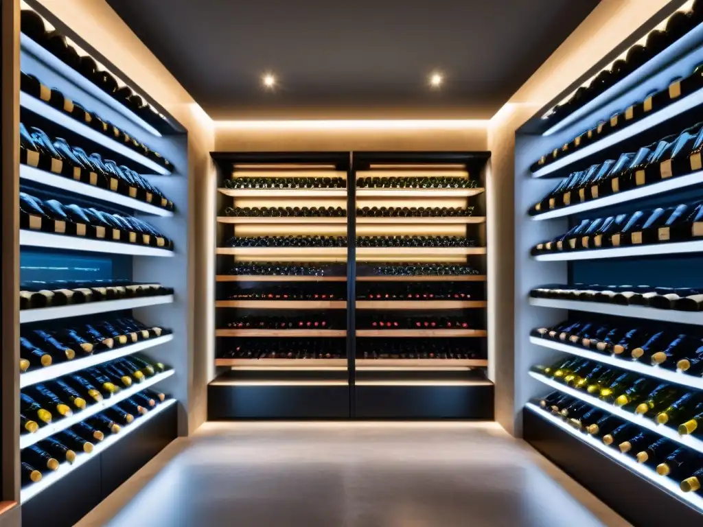Vinoteca de lujo con vinos premium en estanterías metálicas modernas Una bodega moderna con vinos premium organizados en estantes metálicos bajo luz suave