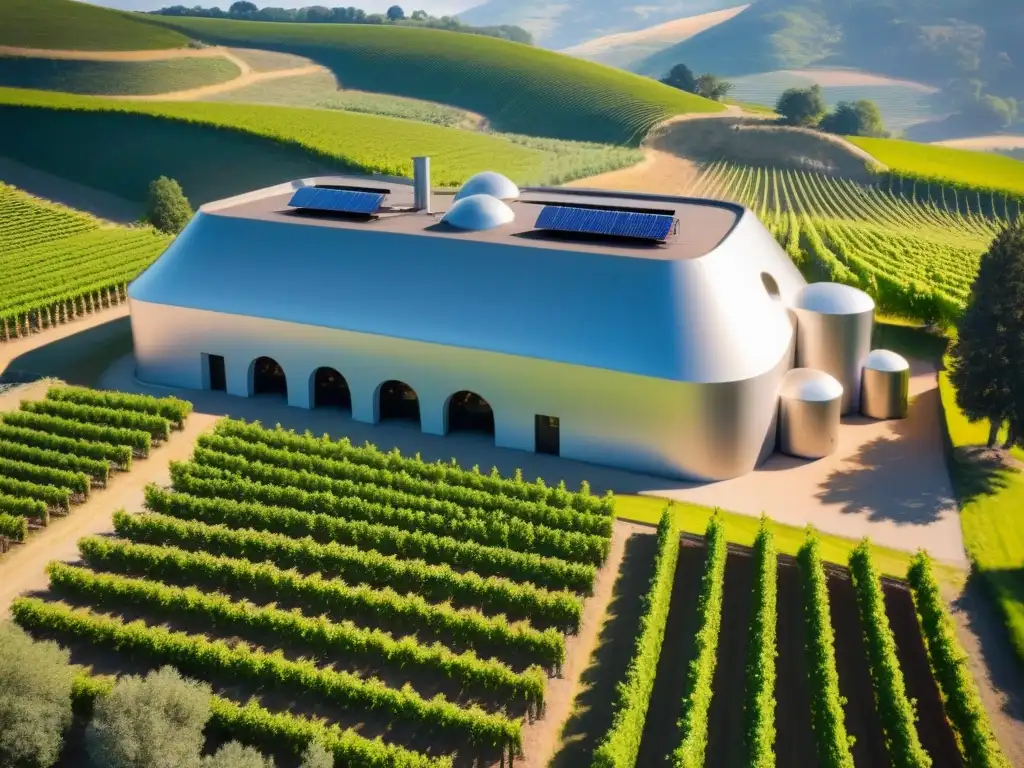 Innovación y tradición en viñedo vanguardista Una bodega de vanguardia en las colinas, fusionando tecnología y tradición