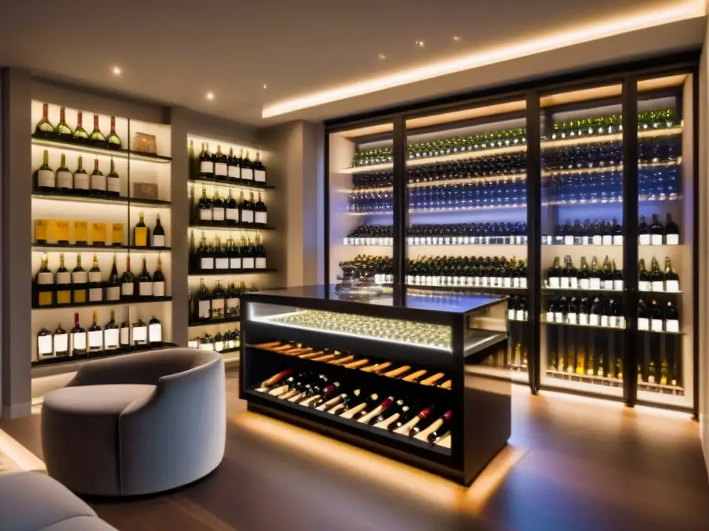 Bodega de vinos de lujo con diseño moderno y elegante Bodega de vinos de lujo con botellas premium organizadas en estantes iluminados, ideal para inversores internacionales en bodegas
