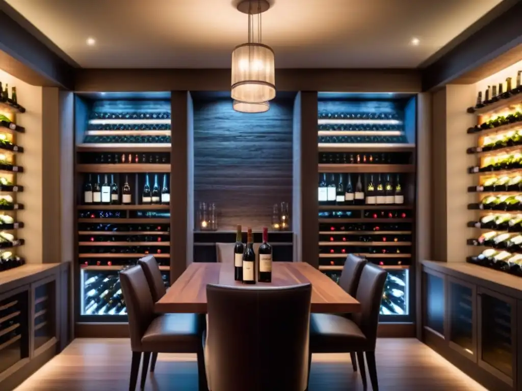 Cava de vinos de lujo: elegancia y sofisticación en cada botella Una bodega de vinos de lujo con paredes de vidrio, botellas organizadas y una elegante mesa de cata, creando un ambiente sofisticado