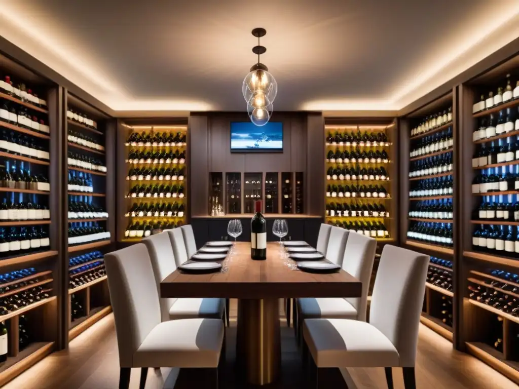 Exclusiva bodega de vinos: lujo y sofisticación Una bodega de vinos lujosa y moderna con paredes de cristal, estantes de madera repletos de botellas premium