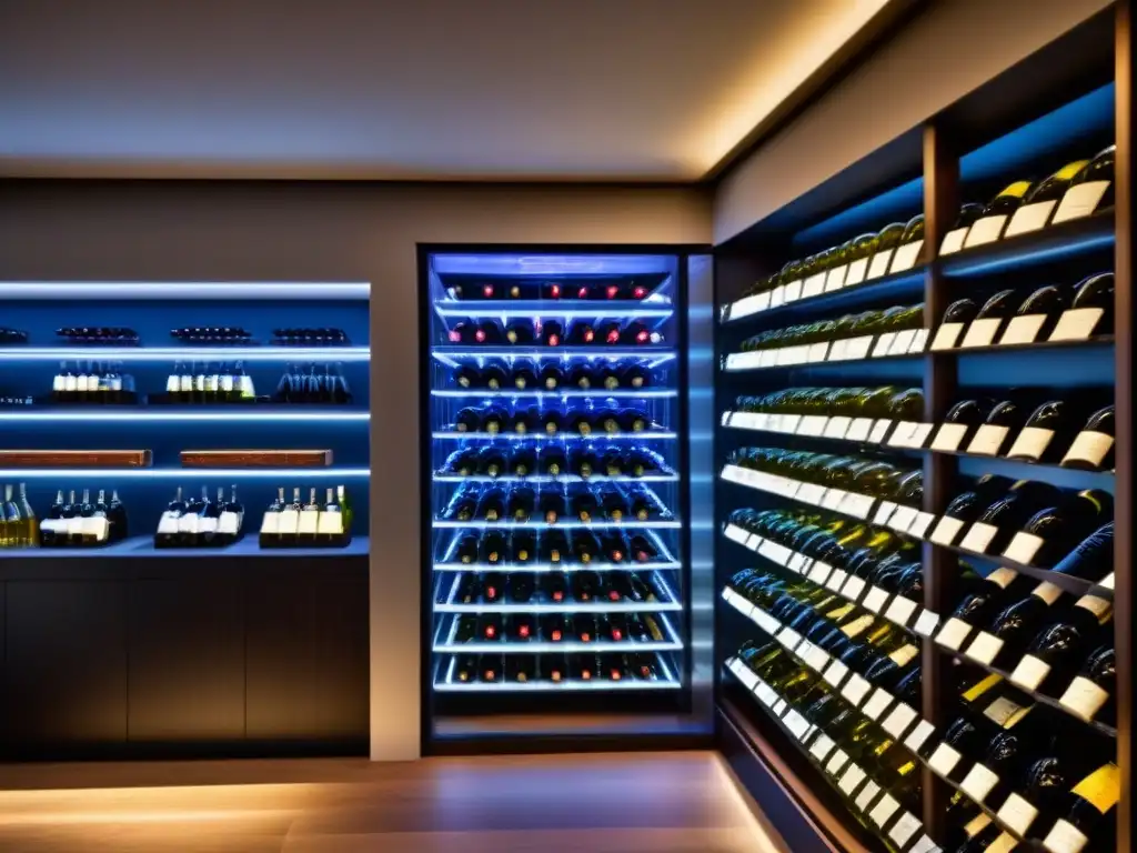 Cava de vinos de lujo: diseño moderno y exclusividad en alta resolución Una bodega de vinos moderna y lujosa con botellas premium organizadas en estantes de vidrio, iluminada y elegante