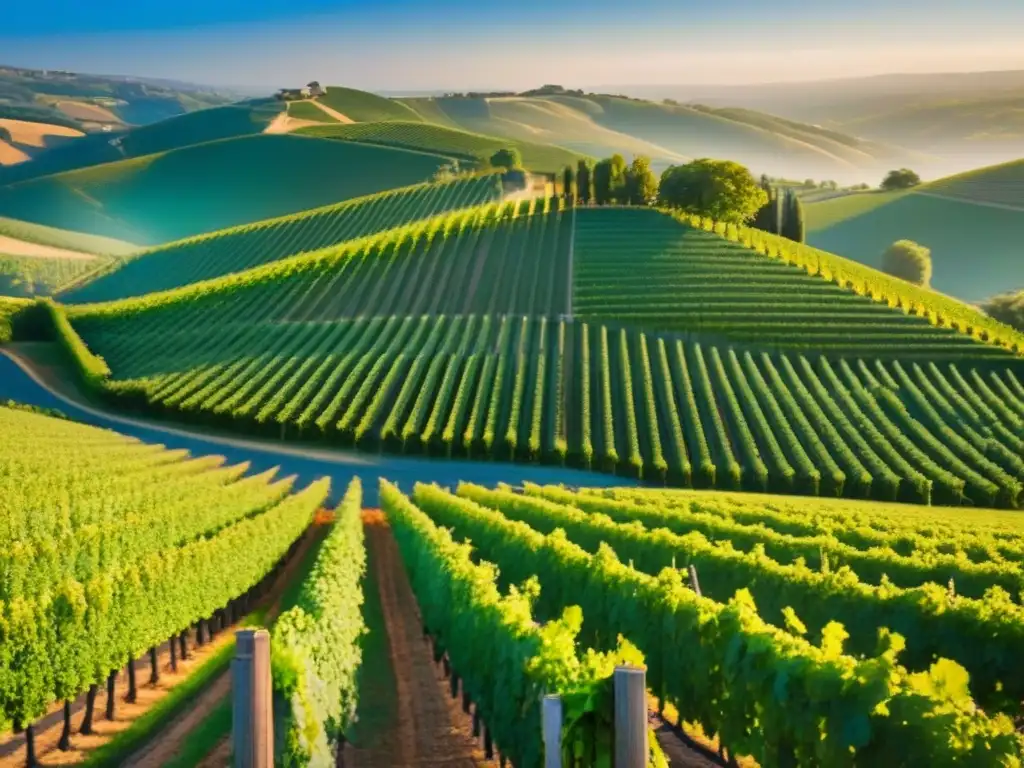 Viñedos de ensueño al atardecer: elegancia y sofisticación en la naturaleza Invertir en bodegas internacionales: Majestuosa vista aérea de viñedos verdes bajo el sol poniente